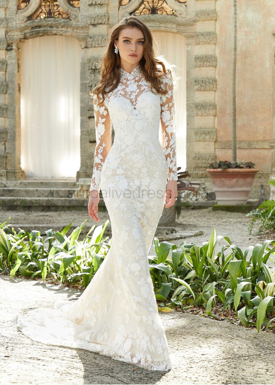 High Neck Ivory Lace Tulle Sweet Wedding Dress